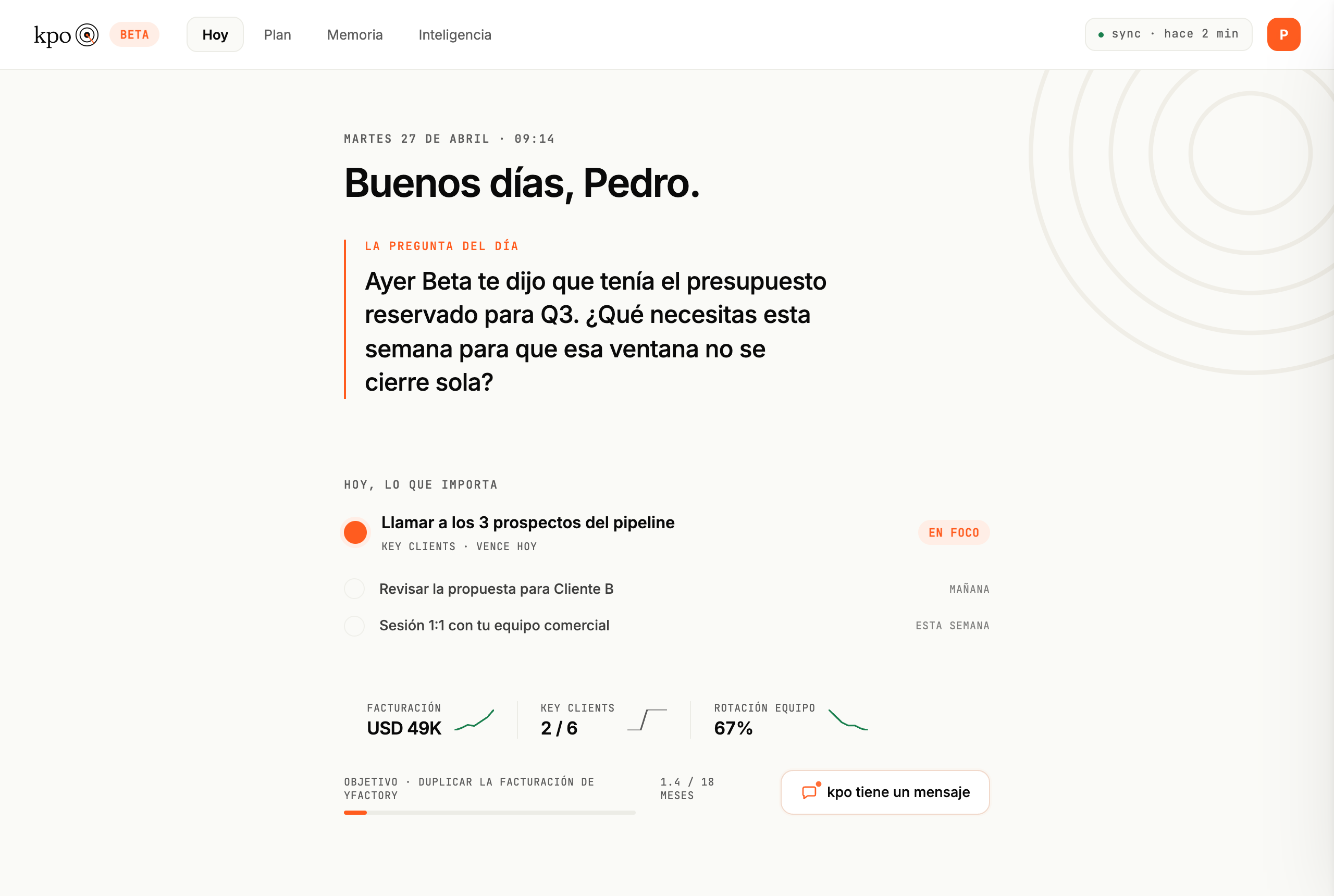 Dashboard de kpo con las tareas del día